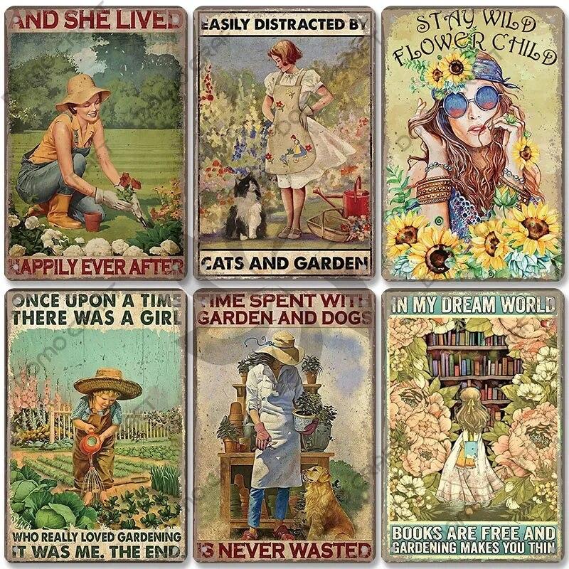 

Садовые таблички, винтажные металлические оловянные вывески, кошачья собака, подсолнухи, металлическая пластина для девочек, цветочный магазин, декор для стен усадьбы, гостиной