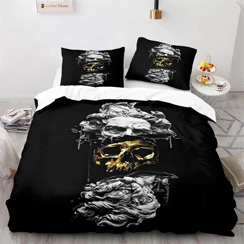 Zuckerschädel Rose Bettbezug Gothic Gruselig Skelett Schädel Bettbezug Horror Thema Floral für Teenager Erwachsene zur Schlafzimmerdekoration