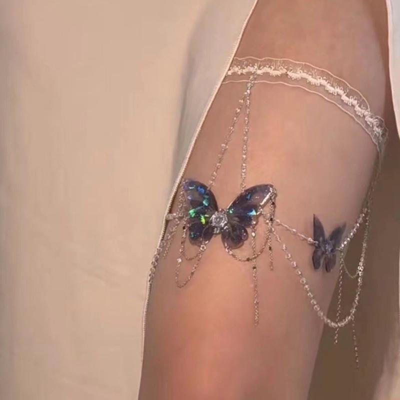 Butterfly Tassels Thigh Chain Adjustable Length Lace Leg Chain with Fringes Accent Unique Body Jewelry for Women Girls