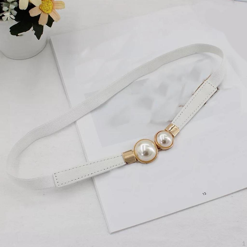 Double Pearls Buckle Waist Belt, Women Retro Elastic Skinny Belt for Dress