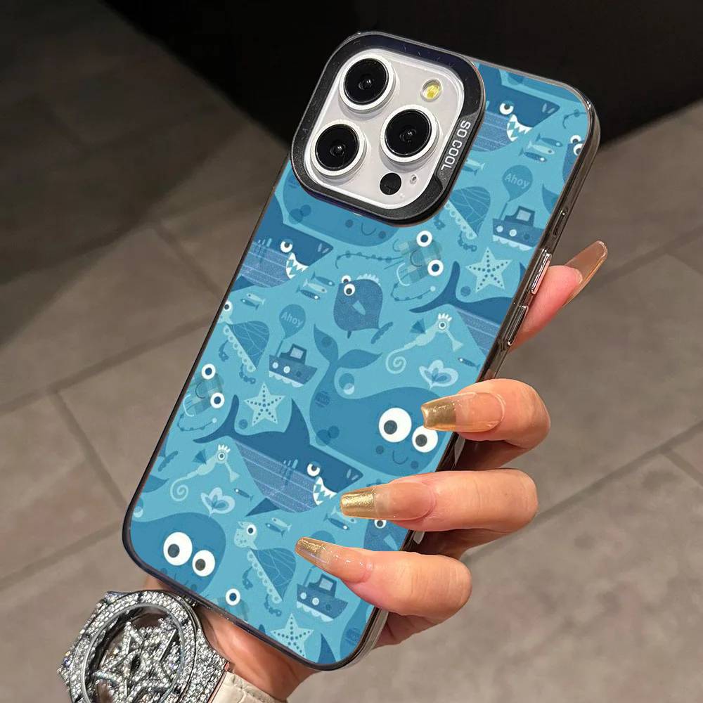 Whale P-Pattern Phone Case For iPhone 17,16,15,14,13,12,11 Plus,Pro Max,XS,Colorful Silver Phone case Funda Cover