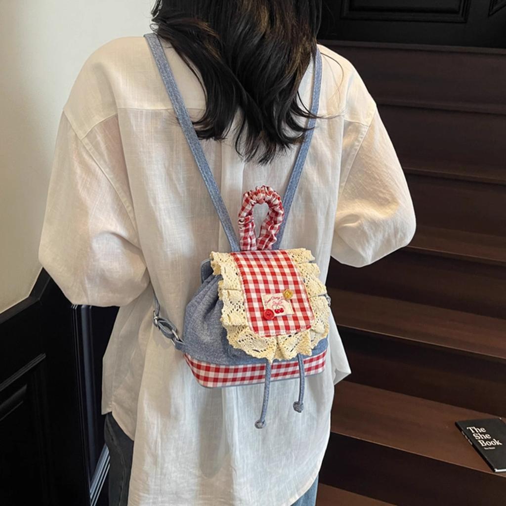 Sweet Lace Backpack Bag Women'S Fashion Trendy Denim Contrasting Color Plaid Schoolbag