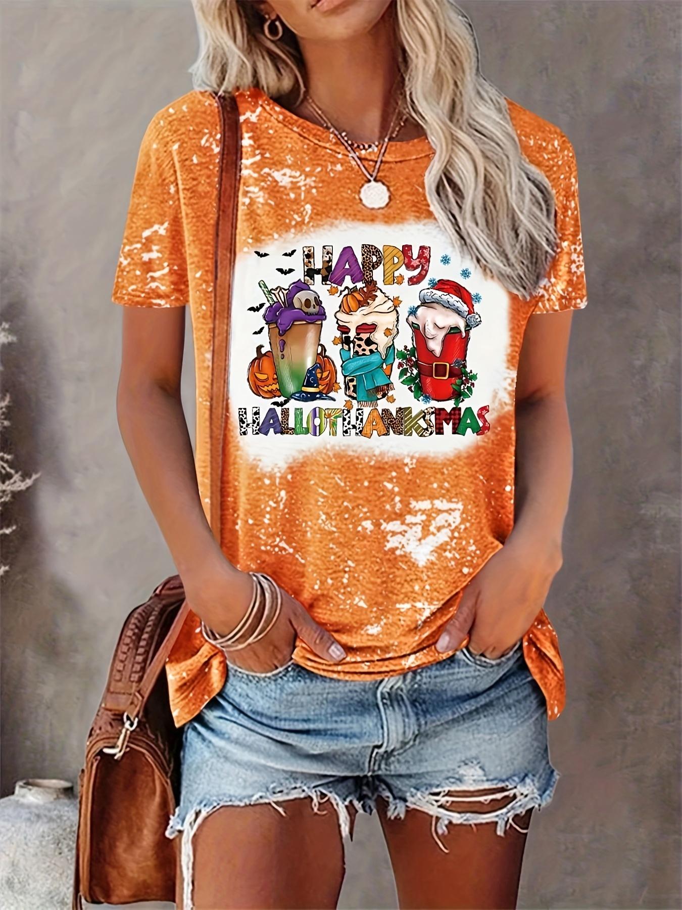 

Футболки с принтом тыквы и кота Женская футболка Оранжевый женский топ Модный круглый вырез Плюс Размер Женский короткий рукав XXXL