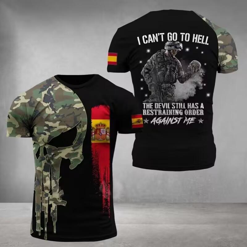 Summer Round Neck 3D Spanish Flag Veteran Print Top Fashionable Casual Short Sleeved Men's T-shirts