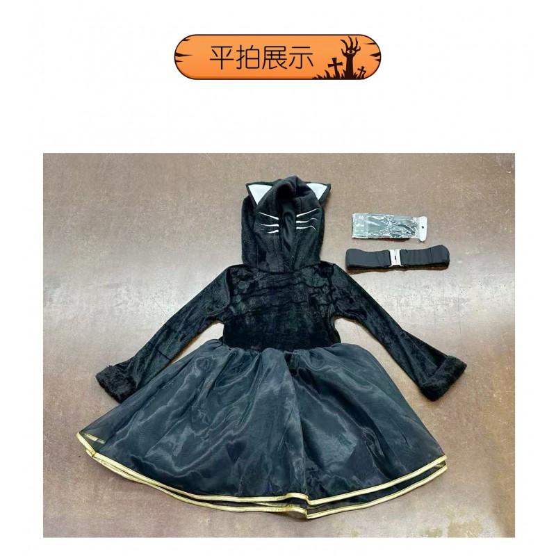 Black Cat Themed Girls Costume Dress With Ears Tail Halloween Party Performance
