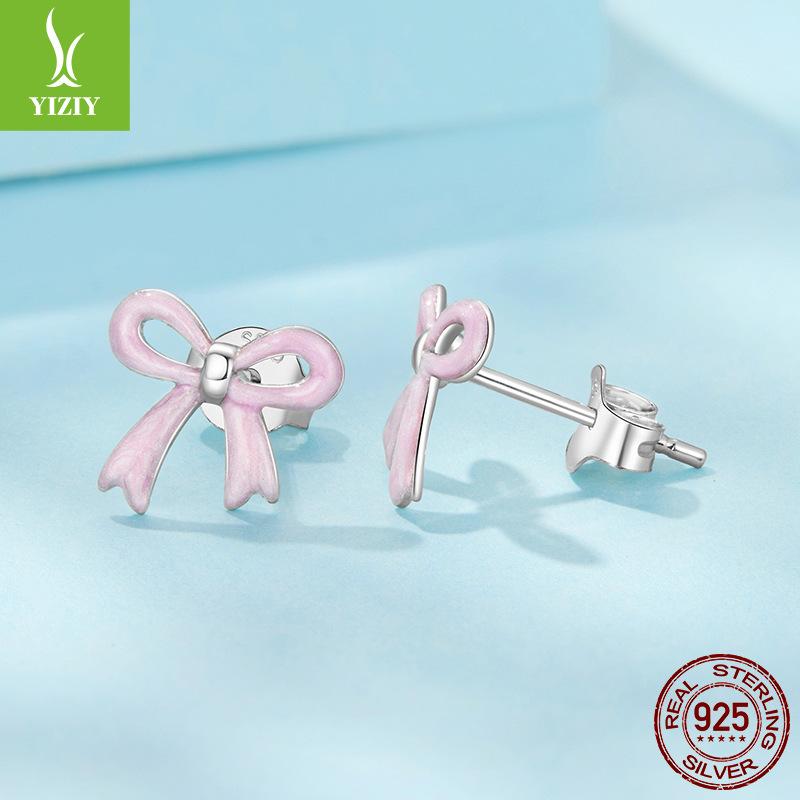 Girly Heart Pink Bow Stud Earrings Female Romantic Princess Style S925 Sterling Silver Stud Earrings