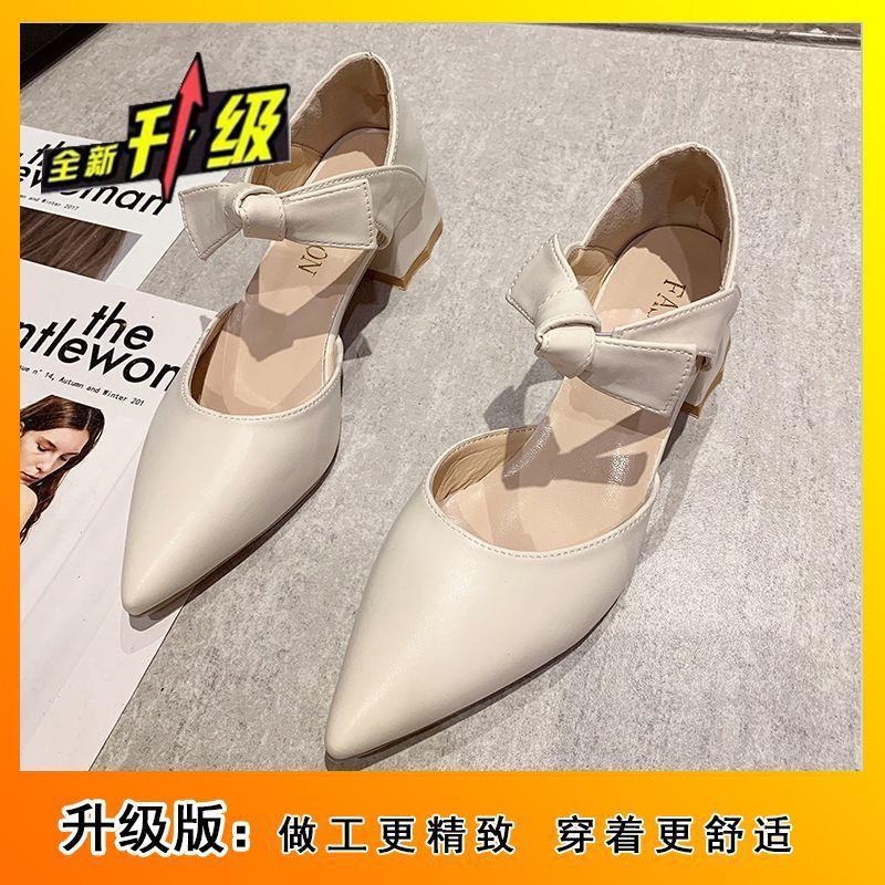 Baotou bow 5cm pointed head hollow high heels women's thick heel 2025 spring and summer new temperament single shoes middle heel