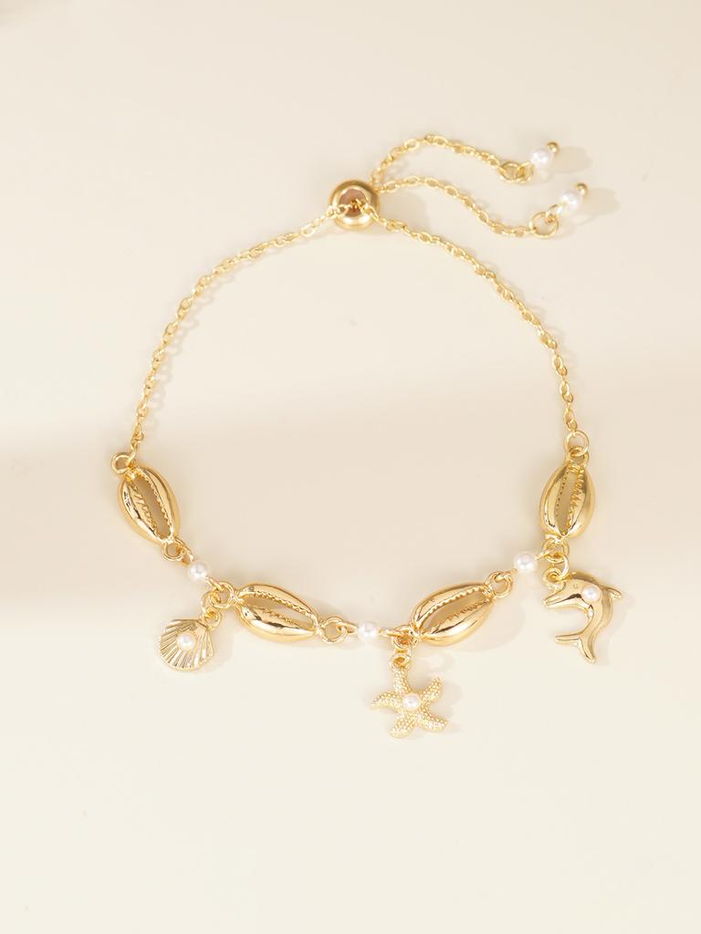 1pc Bohemian Ocean Shell, Starfish, Dolphin Decor Adjustable Bracelet, Faux Pearl Bracelet For Women, Beach Holiday Party