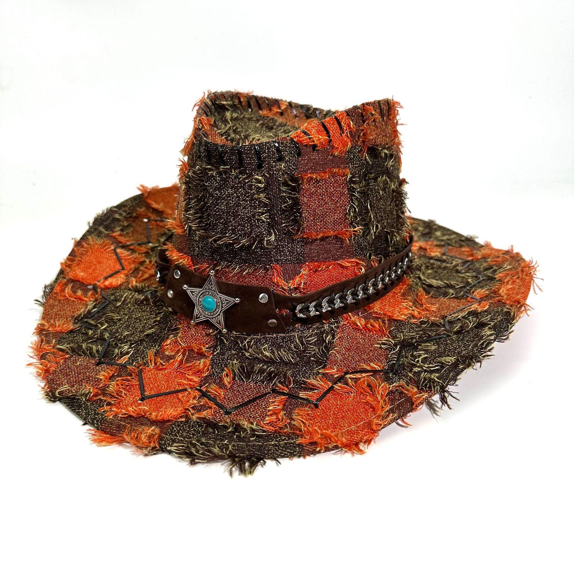 

Retro Blue Western Cowboy Hat Women S Spring And Summer Travel Sun Protection Big Brim Sun Hat Burr Rim Knight Hat Men M（56-58cm） помаранчевий