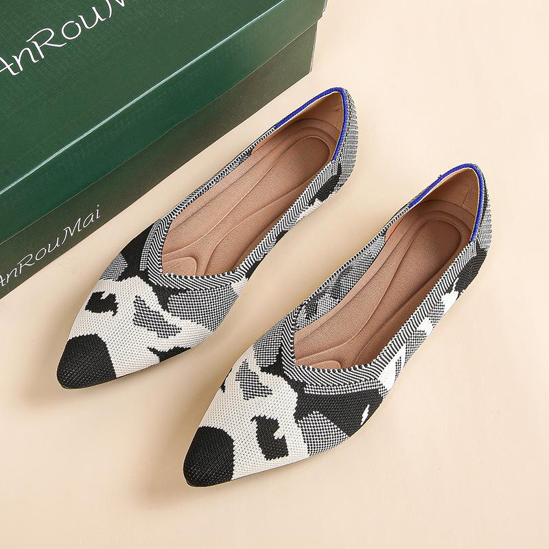 Fliegende gewebte Damen-Einzelschuhe neuer Frühling spitzgestrickte Schuhe flacher Boden flacher Ausschnitt bequeme Doudou-Schuhe große Größe Damenschuhe