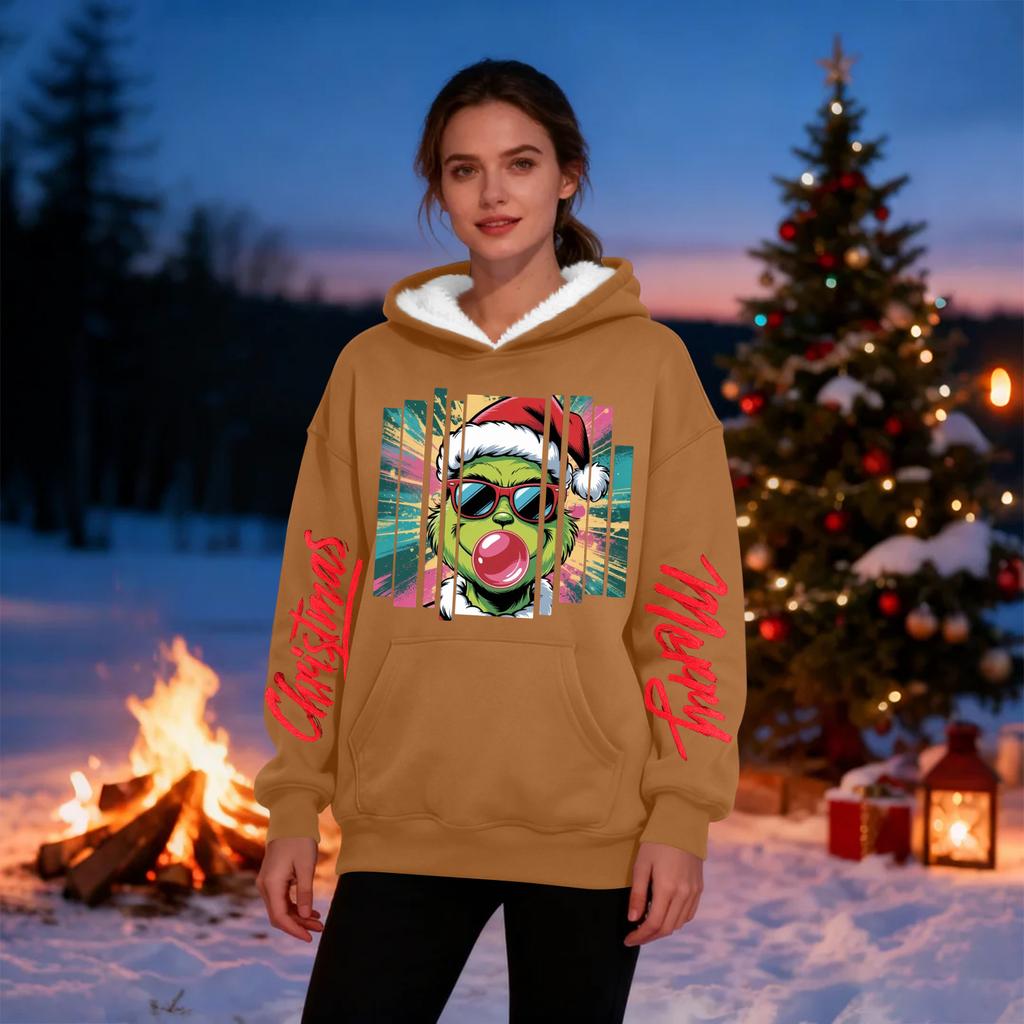 Women's Casual Fashion Plus Velvet Thickened Christmas Print Hooded Sweatshirt