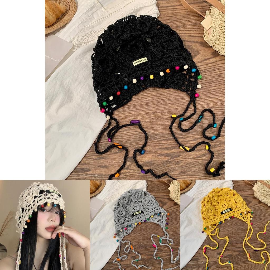 Stylish Handmade Knitted Hat For Women With Bohemian Floral Design And Tassels