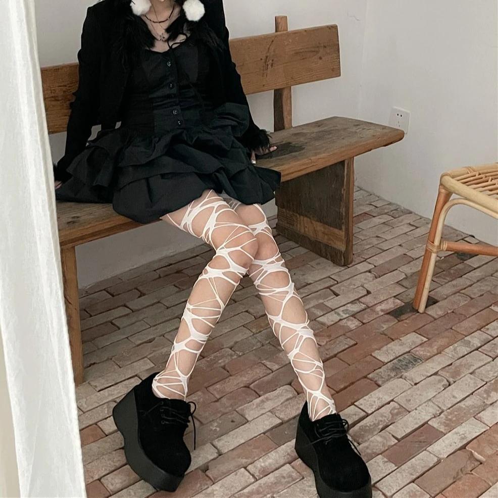 Women Punk Style Pantyhose Girl Hole Bodystockings Sexy Torn Strap Gothic Thigh Knee Socks Ragged Tights Medias Pantis De Mujer