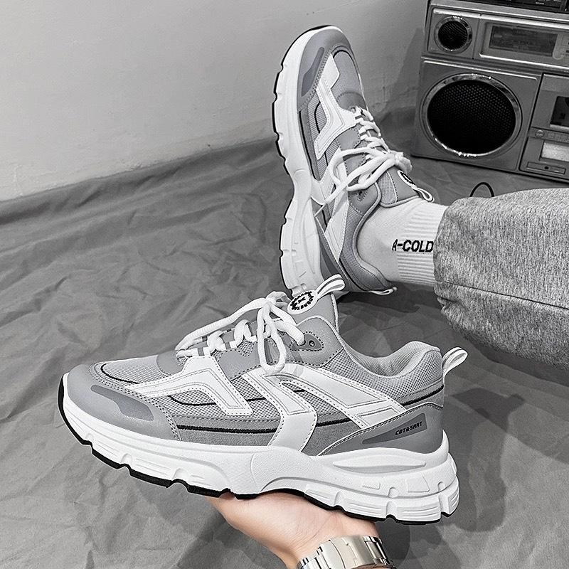 Men White Grey Mesh Platform Dad Sneakers, Lace Up Breathable Thick Sole Comfort Outdoor Trendy Casual Sports Shoes