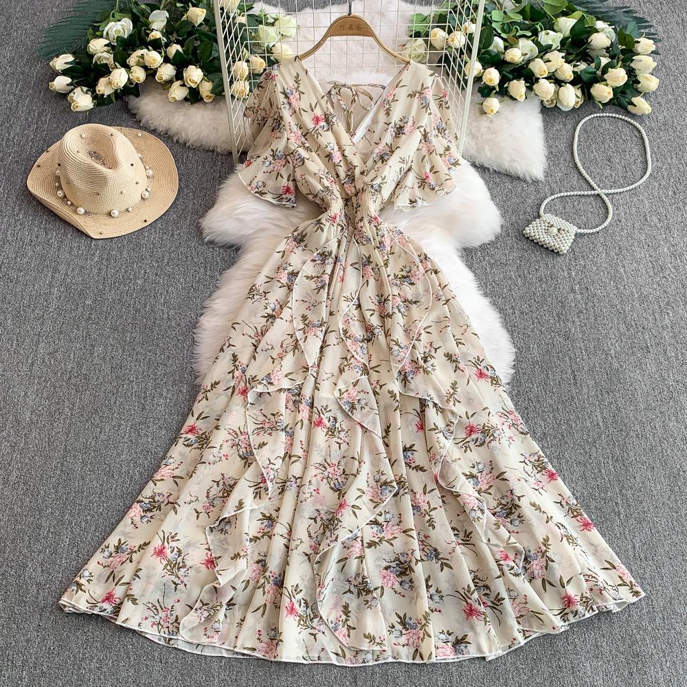 French Retro Coffee Break Floral V-neck Short-sleeved Dress for Women's Summer Waist and Thin Ruffle Edge Big Swing Long Skirt