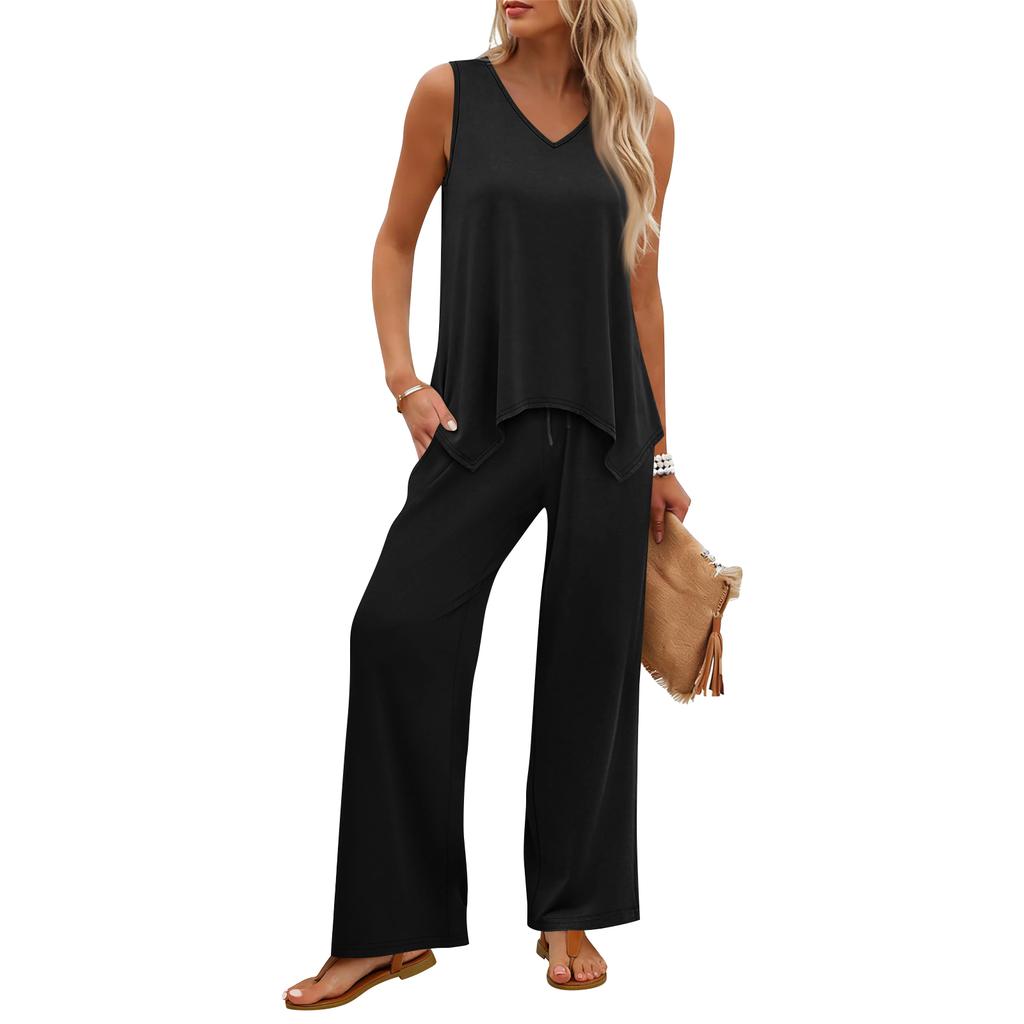 Women Sleeveless Tank Top and Wide Leg Pants Two Piece Set Casual Lounge Wear Travel Vacation Outfit Soft Fabric Relaxed Fit