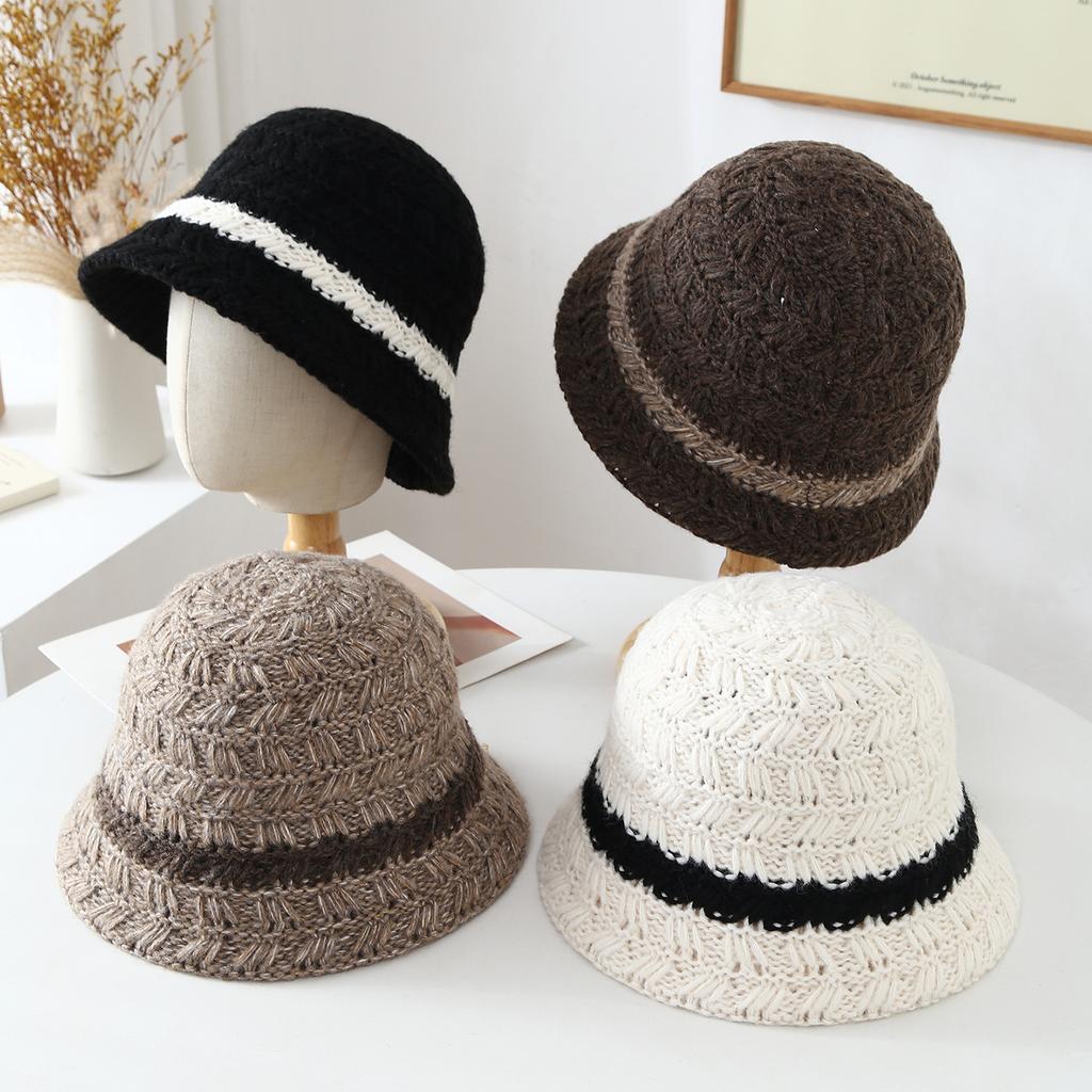 Autumn and Winter New Thick Knitted Striped Bucket Hat Women's Warm Color Matching Basin Hat Shows a Small Bucket Hat