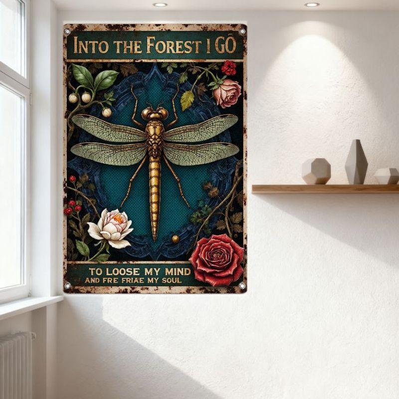 Vintage Metal Sign 'Into The Forest I Go' Dragonfly Botanical Art Rustic Home Decor Wall Plaque for Man Cave Café Bar
