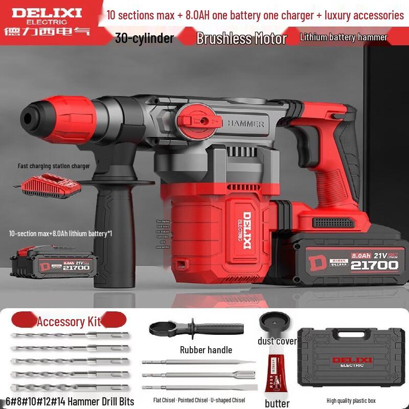DELIXI Cordless Brushless Rotary Hammer & Chipping Drill CN Plug (adapter Included)