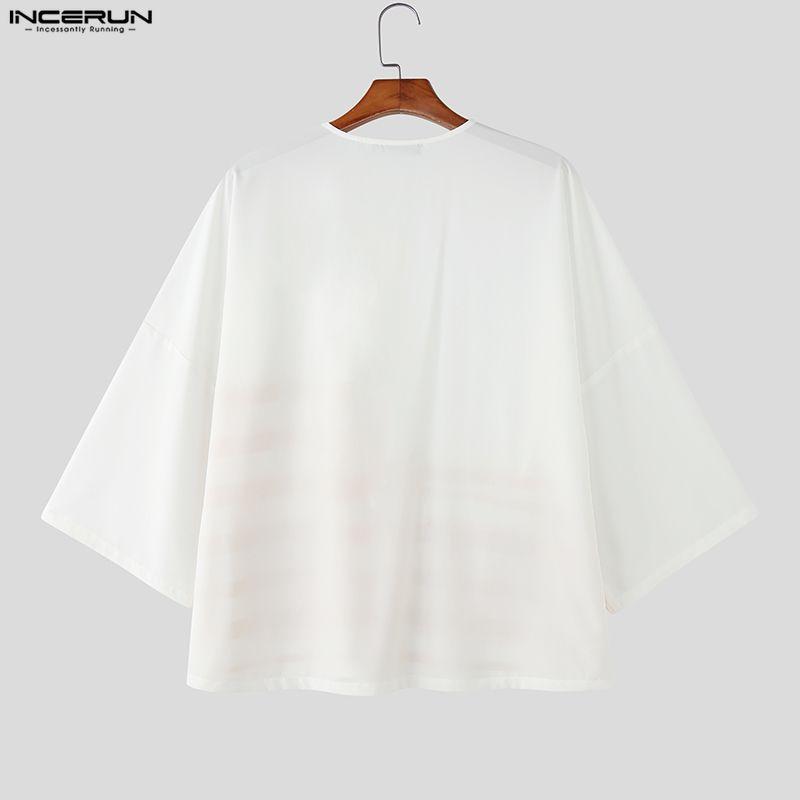 INCERUN Oversized Men Casual Loose 3/4 Sleeve Splits Irregular Front Cross Striped Print T-Shirts Tops