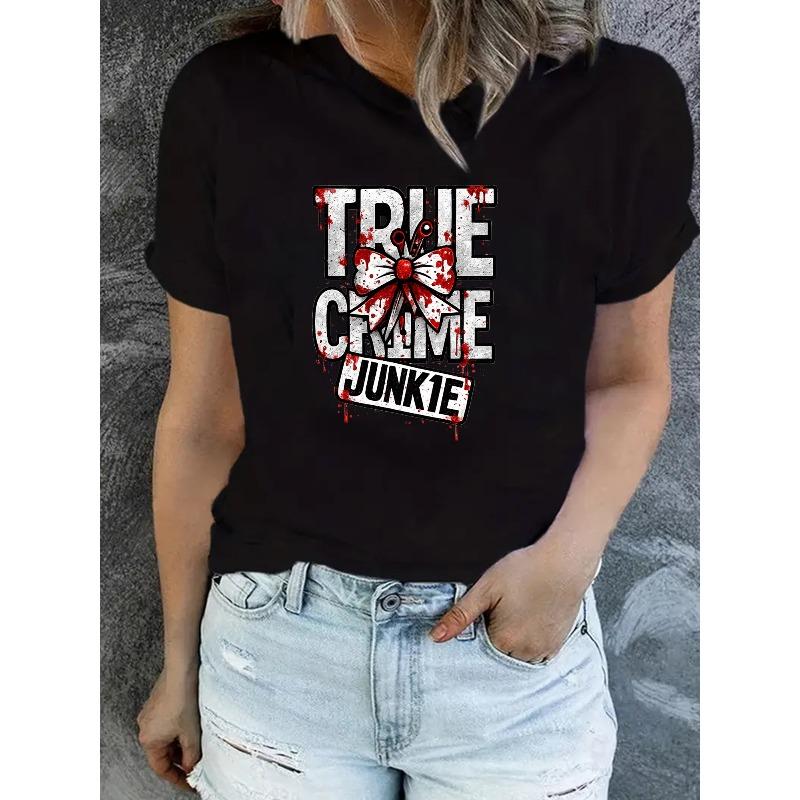 

Women s Gothic True Crime Print T-Shirt Crime Scene Tape Lettering Casual Short Sleeve Top 4XL чорний