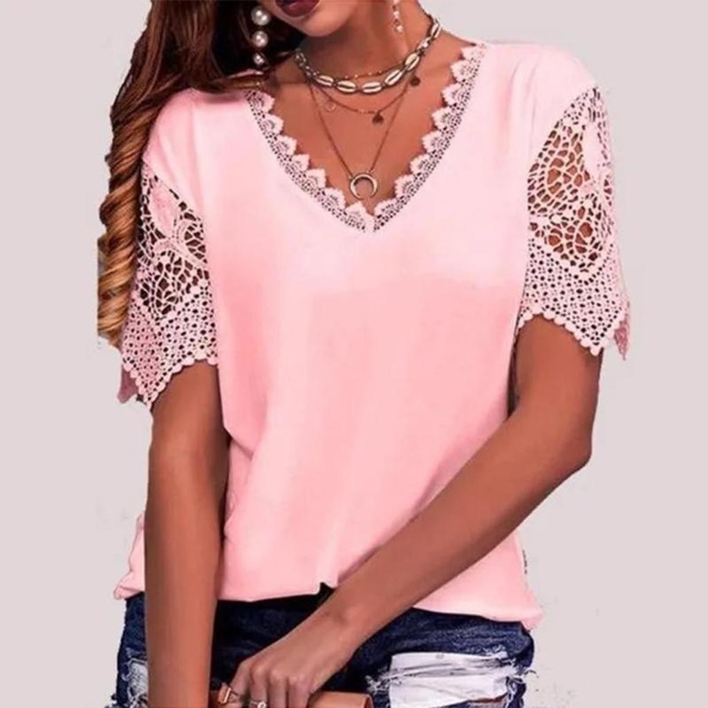 A New Summer Casual And Sweet ,color V,neck Lace Five,quarter Sleeve Women's T,shirt For Ladies