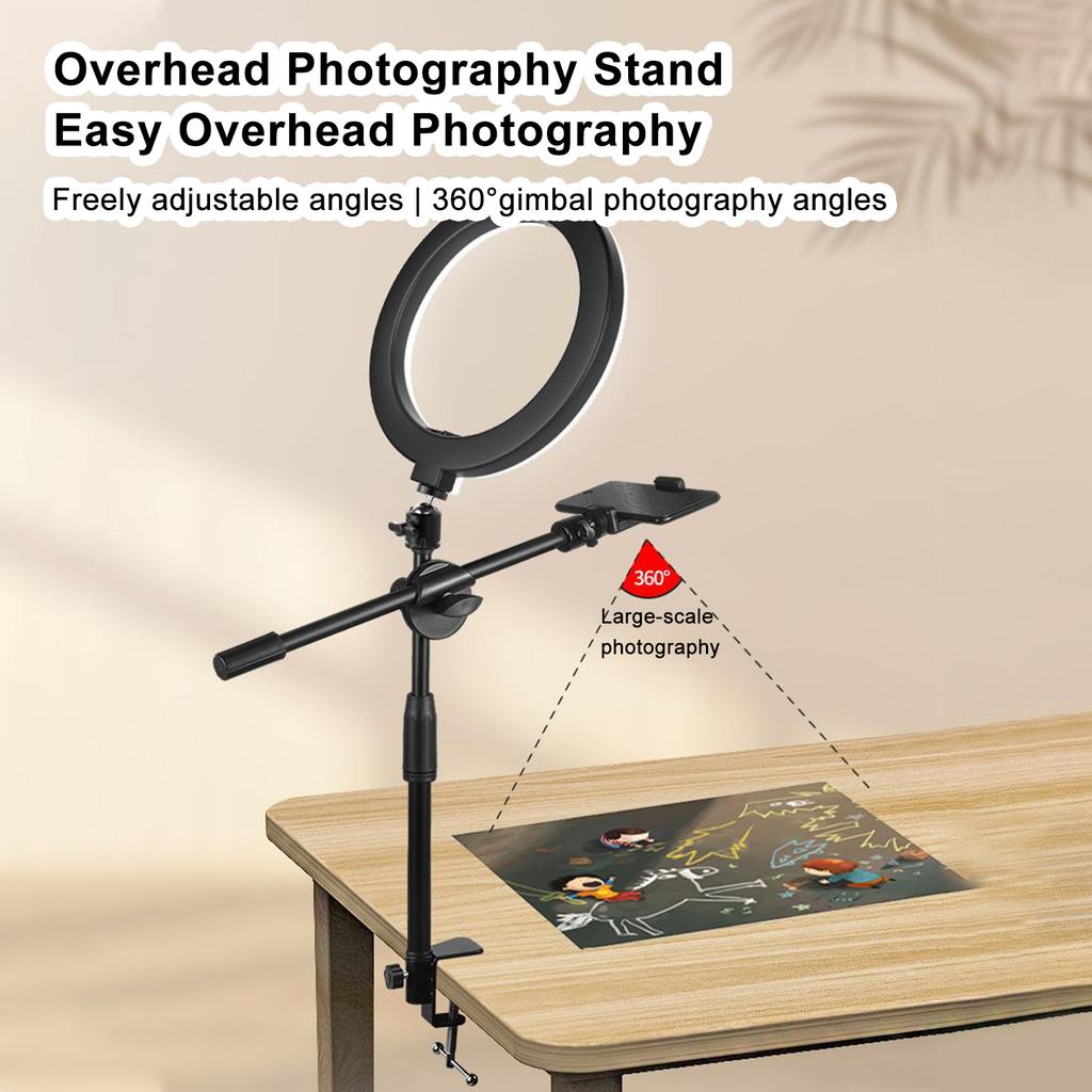 Overhead Phone Stand Desk Mount Adjustable Arm with Gimbal 16cm Fill Light for Live Streaming Video Recording
