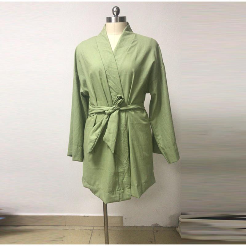 Women's Lace Up Mini Dress Spring Long Sleeve V-neck Cotton Linen Sashes Dresses Casual Loose Kimono Cardigan Dress