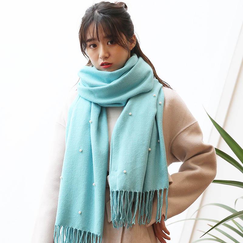 

Вязаный Женский Элегантный Однотонный Шарф Жемчужная Шаль Длинная Кисть Теплые Шарфы Обмотка Blue