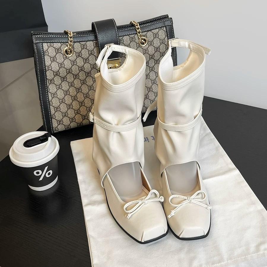 Ballet Style Square Head Cool Boots Women'S Thick Heel Thick Bottom Hollow Bow Niche Design Fashionable Short Boots