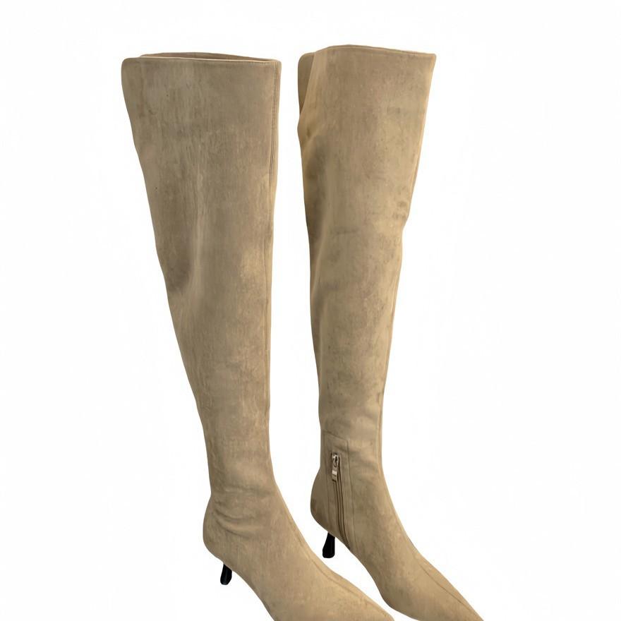 Pointed high-heeled over-the-knee boots women's 2025 new autumn French khaki fine-heeled pleated stacked boots knight boots