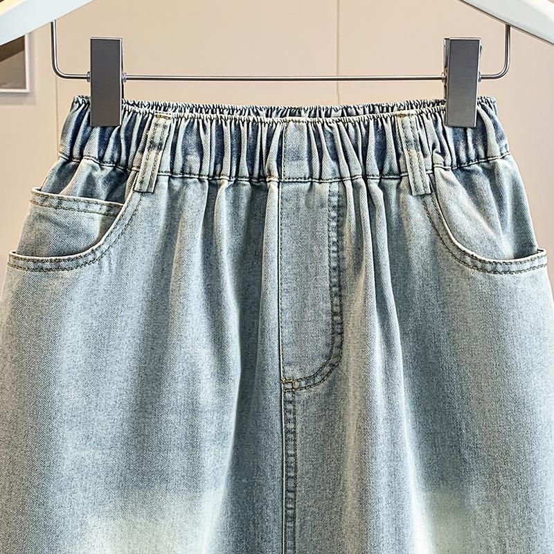 DIMANAF 2026 Summer New Plus Size Women Wide Leg Pants Jeans Shorts Casual Elastic Waist Jeans Pants Denim Cotton Blue
