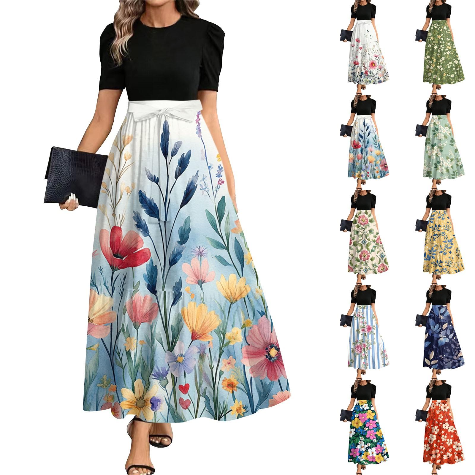 

Women s Fashionable Casual Belt Short Sleeved Round Neck Print Elegant Temperament Dress M