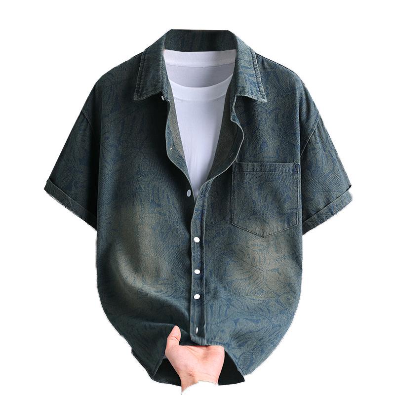 National Trend Men's Jacquard Denim Short-Sleeve Shirt - Summer Loose Fit Casual Style