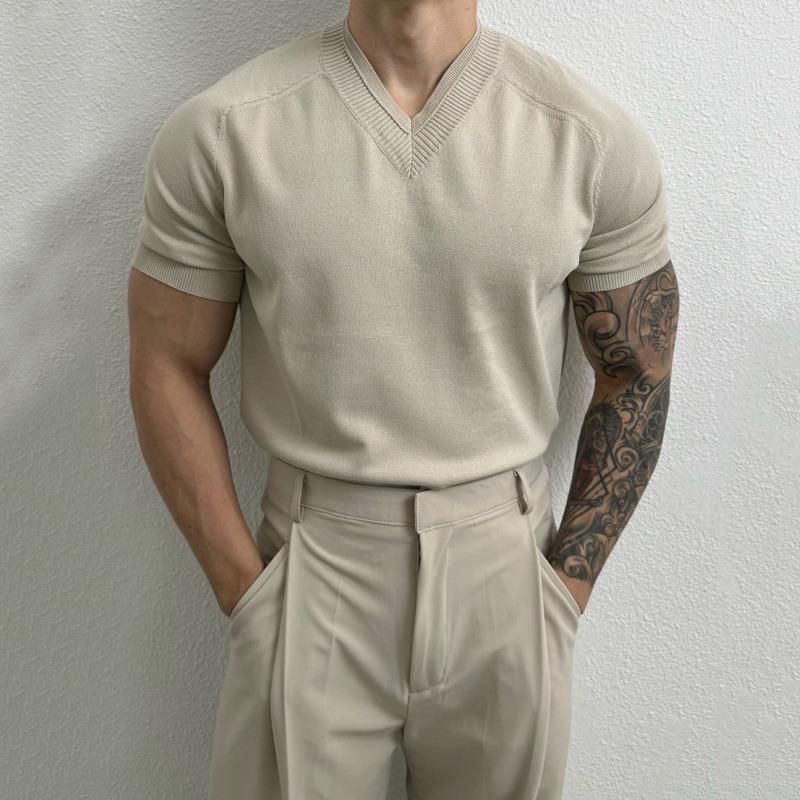 Men S Slim Fit V Neck Short Sleeve Ice Silk T Shirt Old Money Style For Summer