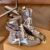 Cowhide version Fashion color matching thick-soled boxing boots women's straps inner height increase medium tube thick-soled Martin boots short boots