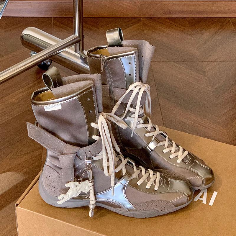 Cowhide version Fashion color matching thick-soled boxing boots women's straps inner height increase medium tube thick-soled Martin boots short boots
