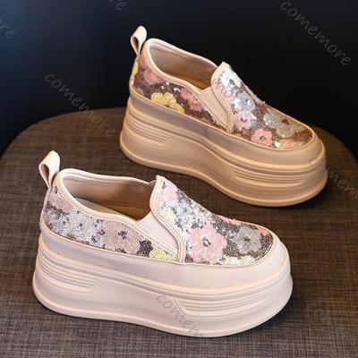 Comemore Sequin Flower Woman Platform Sneakers Wedge Shoes Female Height Increasing Ladies Breathable Casual Slip On Women Shoes