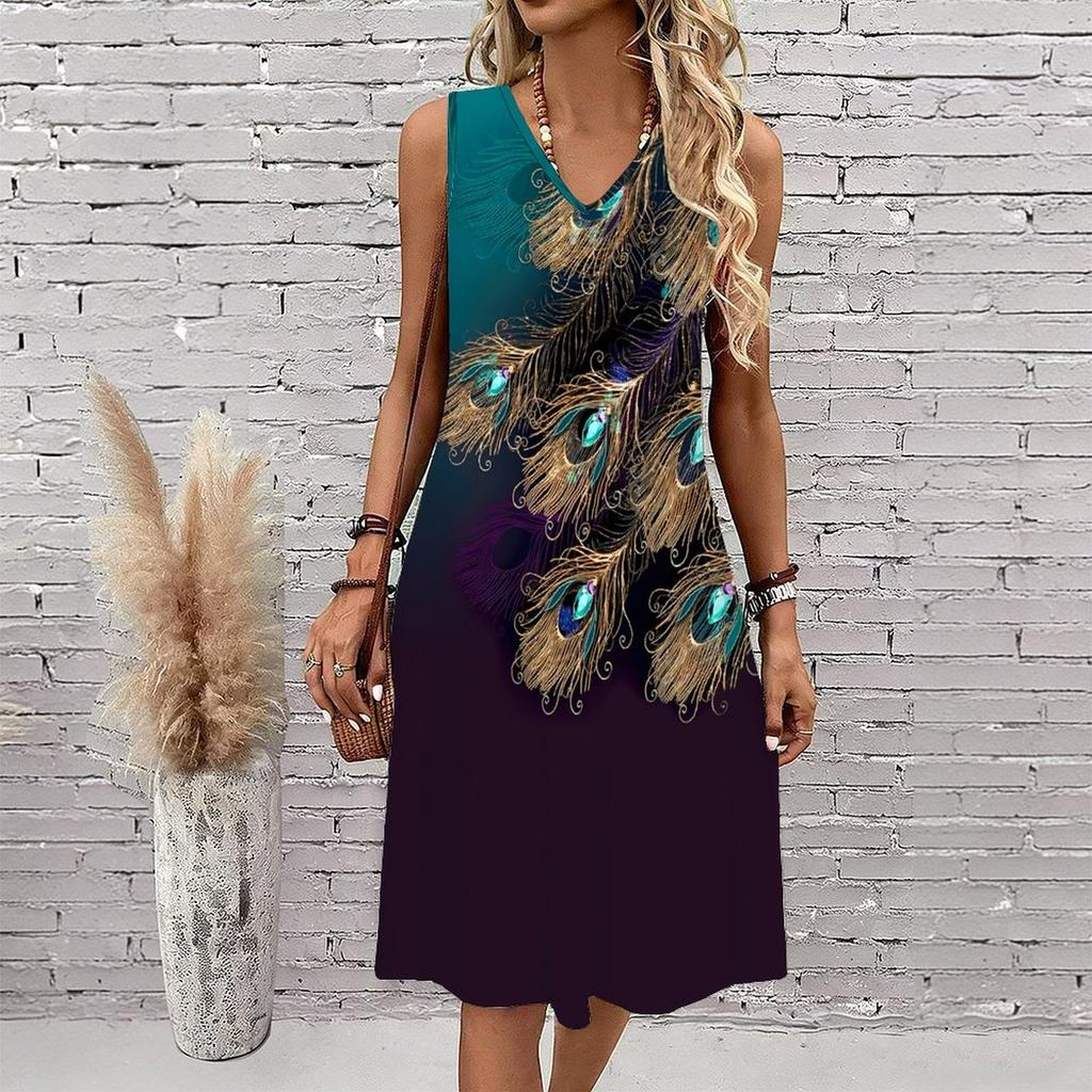 Plus Size V Neck Sleeveless Dress Misty Peaks Running Stream Art Print For Mountain Sightseeing Trip