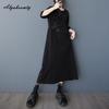 Large Size Spring Summer Wome Black Midi Dress Brief O Neck Casual Loose Floral Party Dress Half Sleeve Split Feminine Dress
