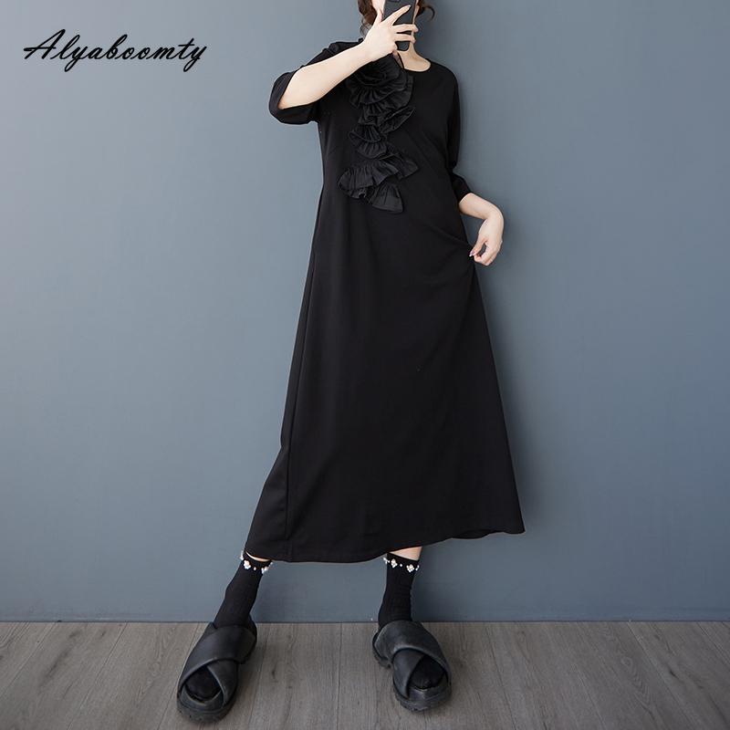 Large Size Spring Summer Wome Black Midi Dress Brief O Neck Casual Loose Floral Party Dress Half Sleeve Split Feminine Dress