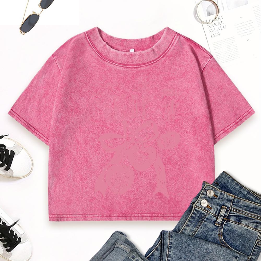 Pink Cherry Bow Est 1980 Printing Washed T Shirt Woman Y2K Street Summer Short Sleeve Womens Cotton T-Shirts