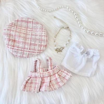 [Pluche Kleding] Tweed Pluche Kleding [Voor 10-15cm] Jurk, Blouse, Baret, Ketting 4-delige set Roze [Gebruikt]