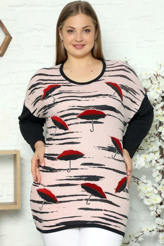 Women's Style Plus Size Tunic Special Design Stone Embroidered Low Shoulder Long Sleeve Umbrella Pattern Blouse