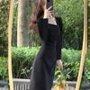 Women Spring Dress Square Neck Long Sleeve Slim Fit Tight Waist Pure Color Split Retro Elegant Lady Midi Dress