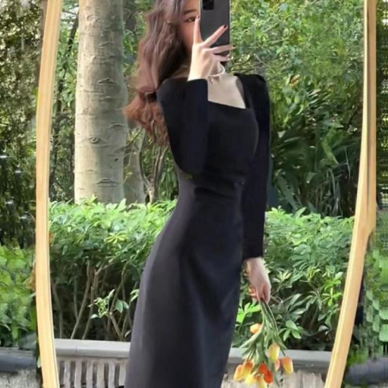 Women Spring Dress Square Neck Long Sleeve Slim Fit Tight Waist Pure Color Split Retro Elegant Lady Midi Dress