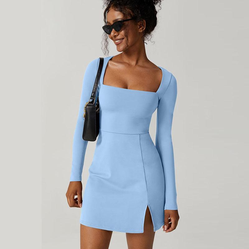 Womens Square Neck Bodice Dress Long Sleeve Side Slit Flare Mini Dresses