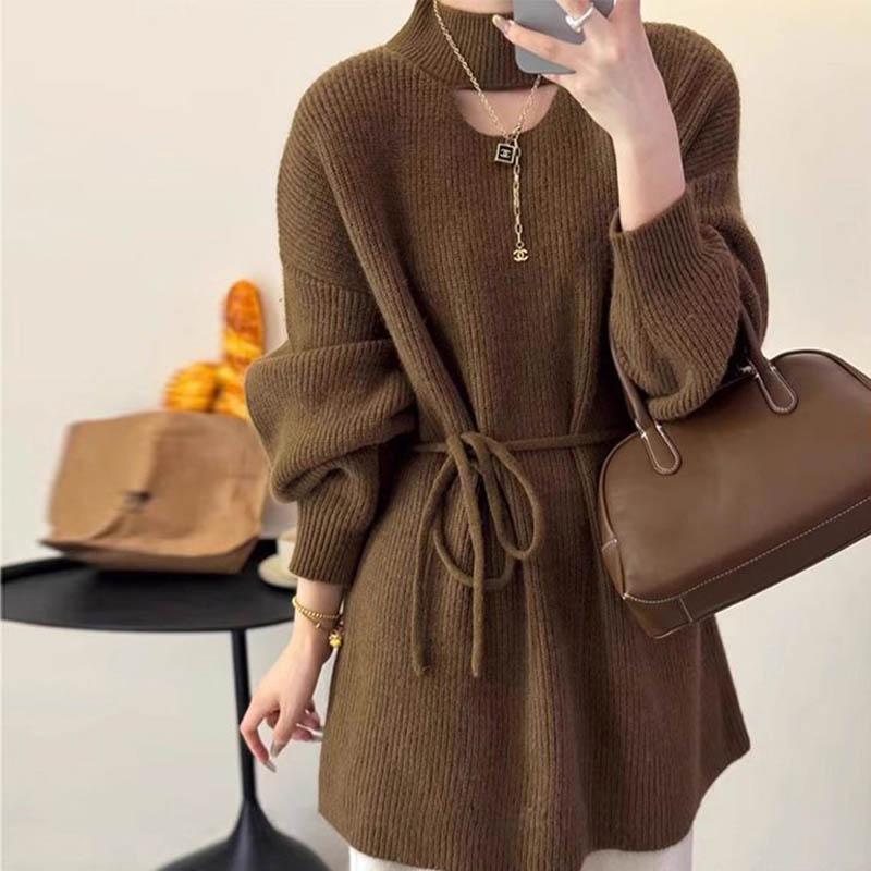 Sweater for Women Autumn Winter Thickened Tapered Waist Warm Knitted Stretchy Long Sleeve High-neck Oversize Tops