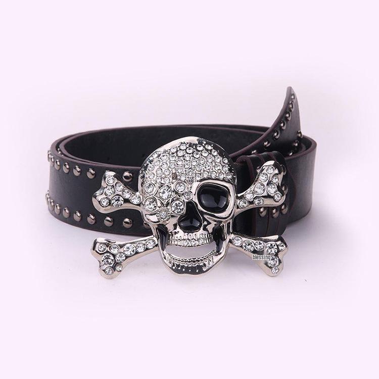 Y2K Strass Totenkopf Nieten Gürtel - Damen Europäischer & Amerikanischer Stil 3.6cm Wide, 115cm Long schwarz