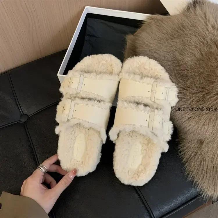 Fashion Womens Slippers Outdoor Slides Pantofle Flock Platform Fur Flip Flops 2025 Flat Plush Autumn Fabric Rome Shoes House Med Shoes